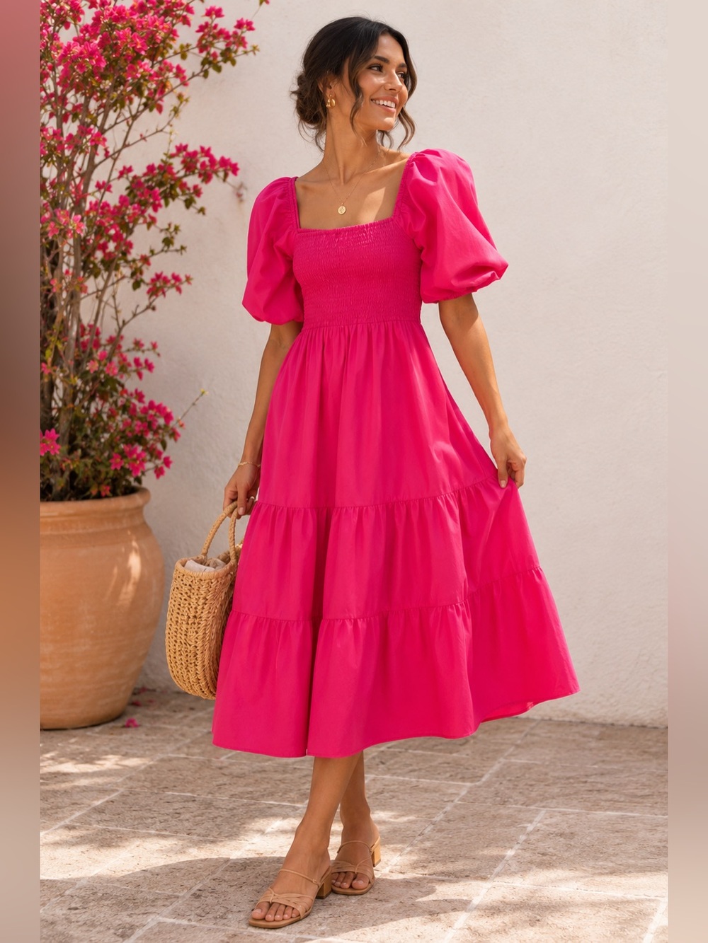 Entro Hot Pink Smocked Puff Sleeve Tiered Midi Dress Square Neck Small